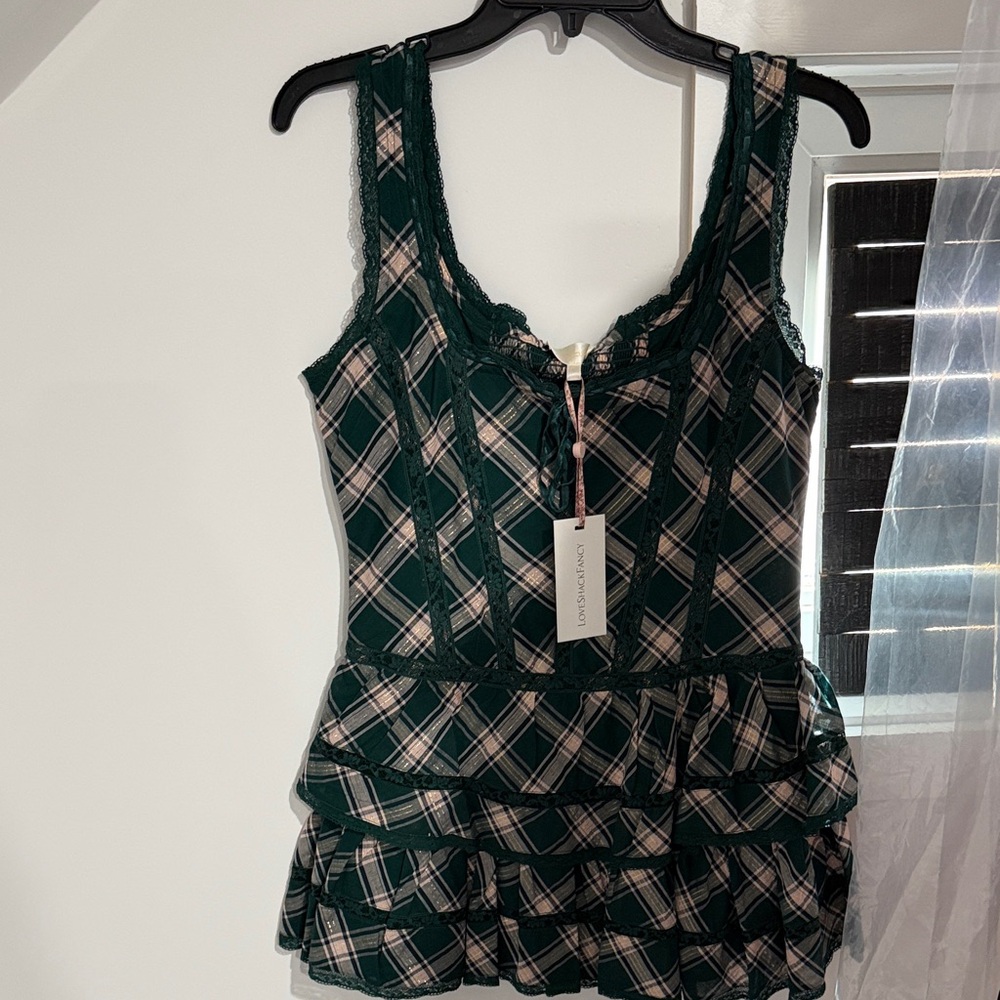 LoveShackFancy Green Plaid Ruffle Dress